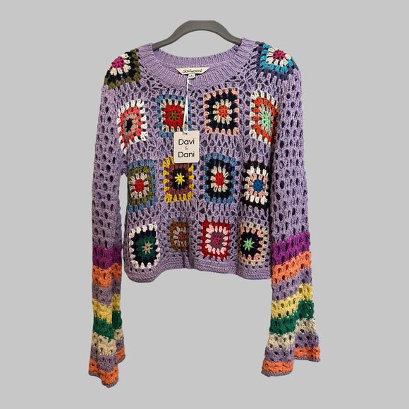DAVI & DANI Tops - Crochet Hippie Boho Granny Square Floral Patchwork Whimsical Indie Crop Top M